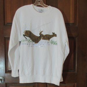 White Sweatshirt One Size Running Deer Sequins